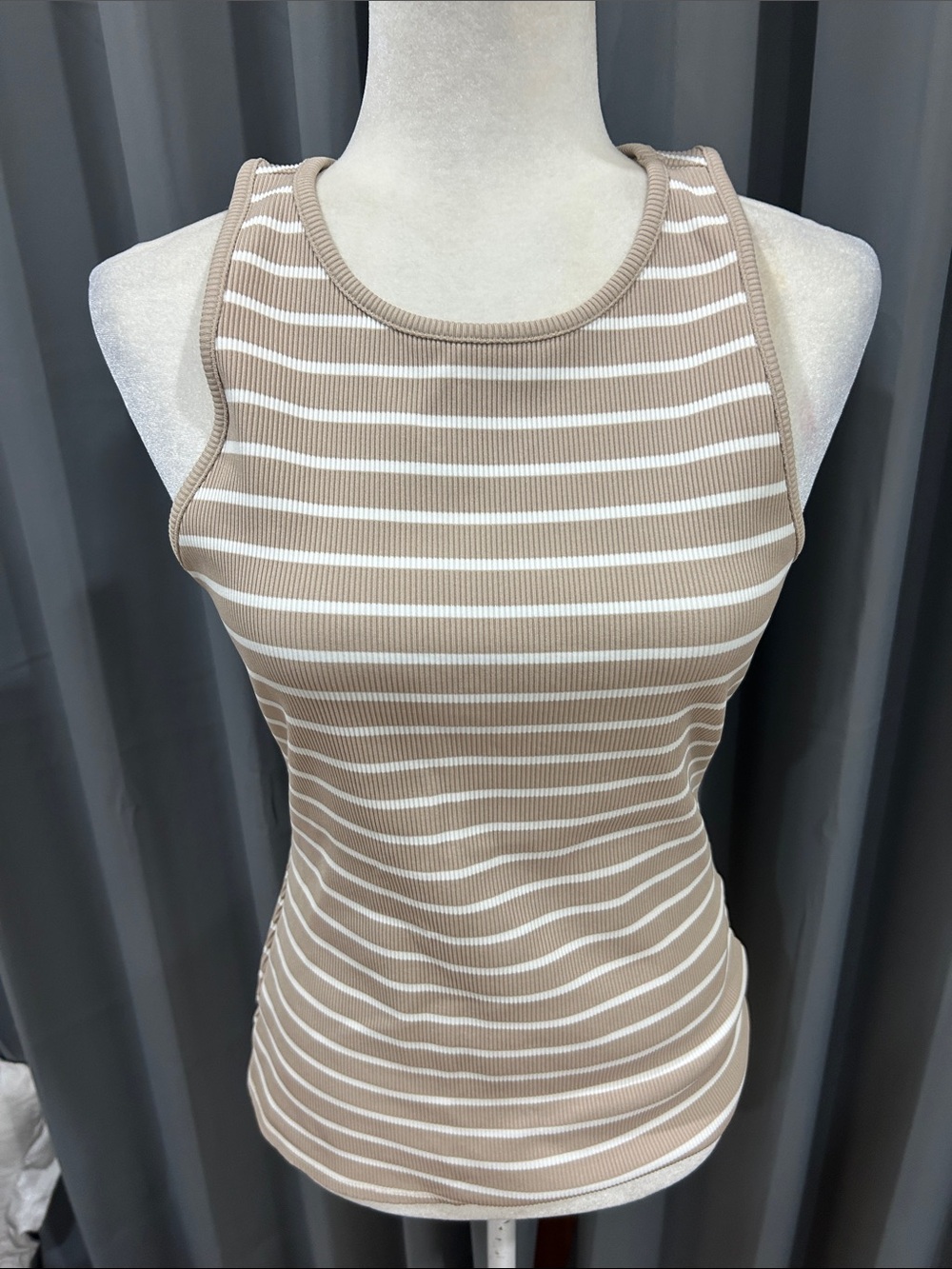 White House Black Market Beige and White Striped Ribbed Tank